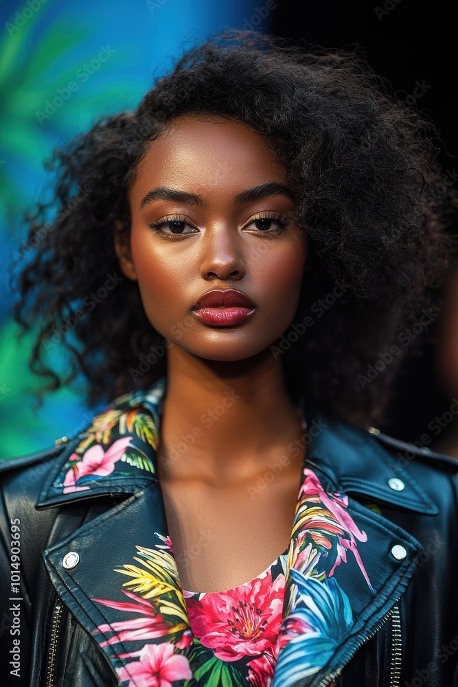 Fototapeta premium Vibrant Floral Fashion: Model in Leather Jacket