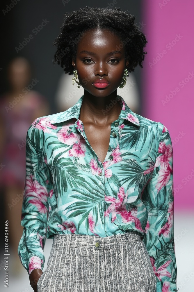 Vibrant Floral Shirt and Striped Trousers on Model Vibrant Floral Shirt and Striped Trousers on Model