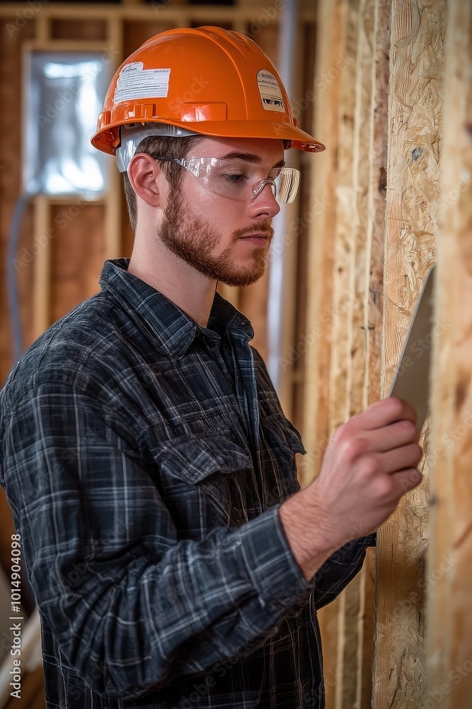 Construction worker inspecting wooden wall frame Construction worker inspecting wooden wall frame