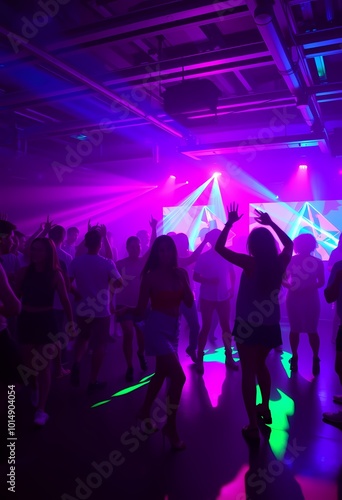 High-Energy Neon Dance Party with Active Figures and Intense Lighting