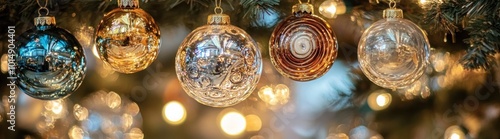 Wallpaper Mural Close-up of five Christmas ornaments hanging on a Christmas tree with a blurred background of lights. Torontodigital.ca