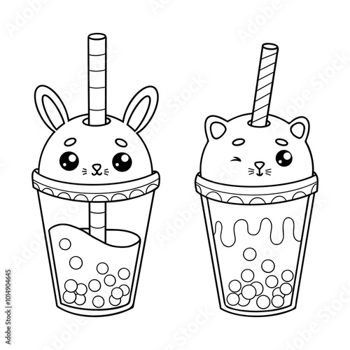 Cute outline glass of Bubble Tea Rabbit and cat with straw. Isolated funny cartoon kawaii character drink. Line drawing, coloring book. Vector illustration. Kids collection