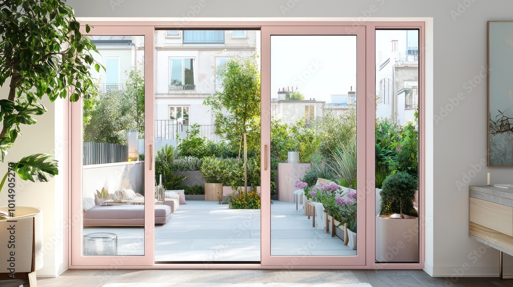 Modern garden room with blush pink sliding doors, opening to a chic rooftop garden High-resolution, contemporary architecture Modern garden room with blush pink sliding doors, opening to a chic rooftop garden High-resolution, contemporary architecture