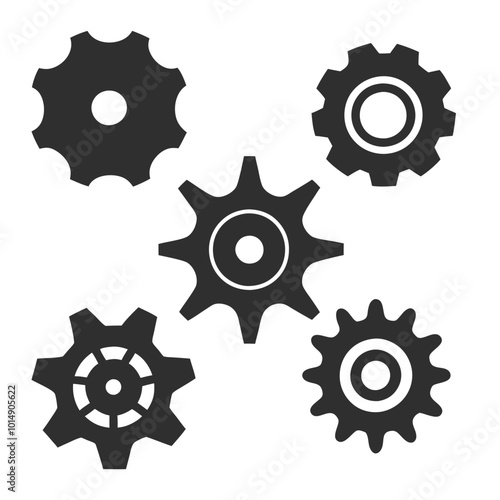 Set of  gear vector icons in silhouette style with different tooth patterns and shapes.
Minimal gear silhouette vector icons, perfect for technical illustrations and mechanical graphics.