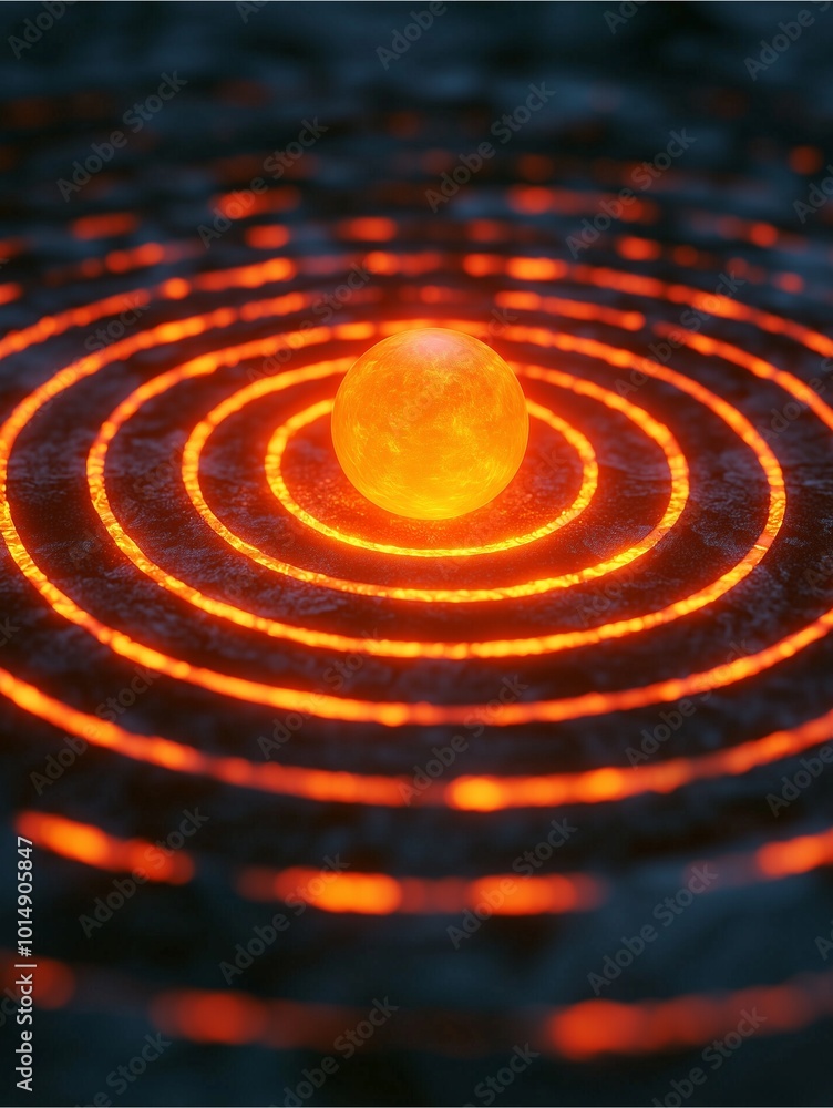 A glowing sphere emits concentric waves of light, creating a visually striking representation of energy and movement. A glowing sphere emits concentric waves of light, creating a visually striking representation of energy and movement.