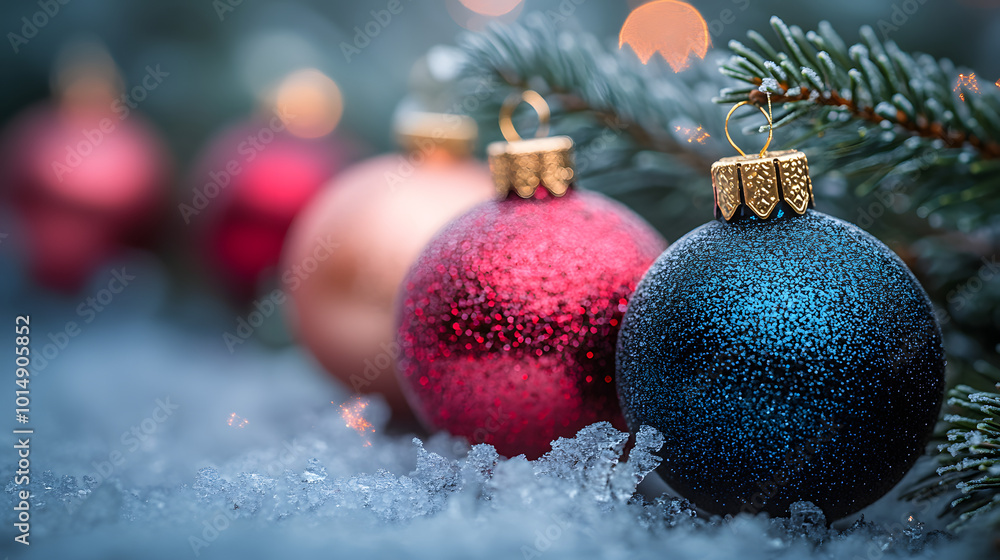 Christmas ornaments on a frosted tree branch Christmas ornaments on a frosted tree branch