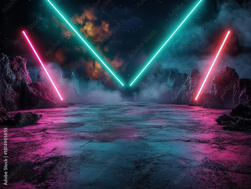 A vibrant neon landscape with glowing beams and a reflective surface, creating a surreal, futuristic atmosphere. A vibrant neon landscape with glowing beams and a reflective surface, creating a surreal, futuristic atmosphere.