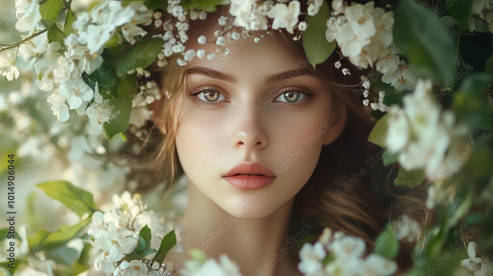 A lovely woman with fantastical characteristics is depicted in a flower-filled garden, looking like a woodland nymph. the notion of fantasy and fairy tales. A lovely woman with fantastical characteristics is depicted in a flower-filled garden, looking like a woodland nymph. the notion of fantasy and fairy tales.