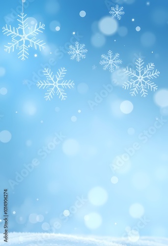 Elegant Snowflakes Gently Falling on Blue Gradient Background Highlighted by Soft Glowing Light Orbs