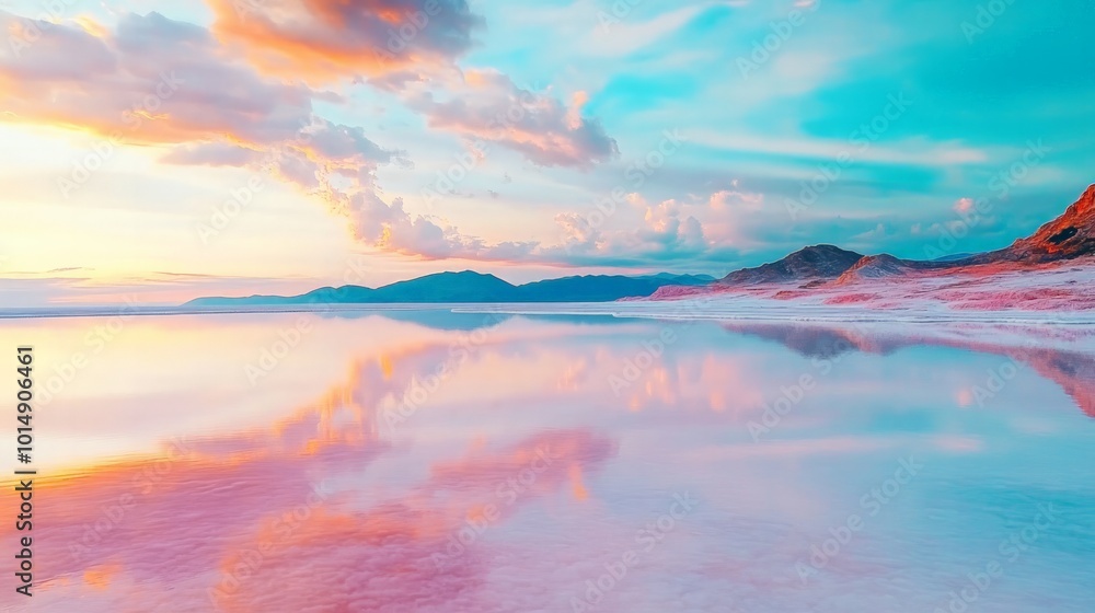 A breathtaking landscape of a pink salt lake, with the water reflecting the sky and creating a surreal, otherworldly atmosphere. A breathtaking landscape of a pink salt lake, with the water reflecting the sky and creating a surreal, otherworldly atmosphere.