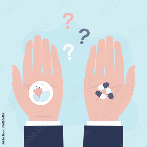 Choosing between an antibiotic pill and natural herbal treatment. Patient holding drugs one hand and plant leaves icon in another, with question signs above.