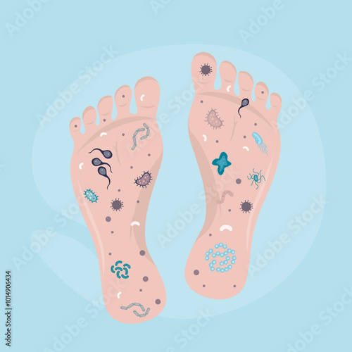 Dirty human foot, various microorganisms and bacterias on the feet. Unsanitary conditions, various pathogens and parasites on an unwashed foot. Health care, microbiology.