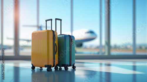  Two stylish suitcases, one yellow and one green, stand in an airport terminal with an airplane in the background. This image is perfect for travel blogs, packing tips, or airline promotions
