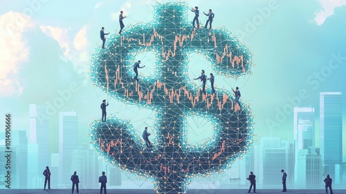 Vector art of a giant dollar sign made of interconnected stock charts, with small businesspeople climbing its surface, symbolizing market ambition., , photo