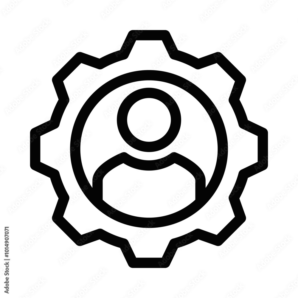 Outline icon of a person inside a gear, symbolizing user management, settings, or customization in a minimalistic design. Editable stroke. Outline icon of a person inside a gear, symbolizing user management, settings, or customization in a minimalistic design. Editable stroke.