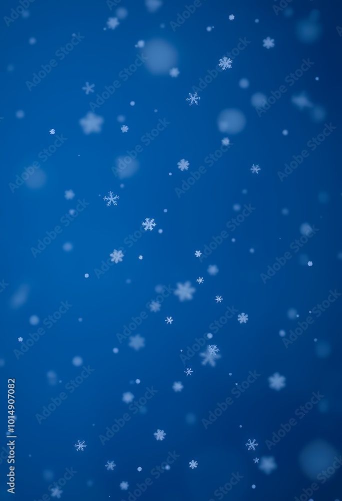 Fototapeta premium Gently Falling Snowflakes on Cold Blue Gradient Illuminated by Soft Light Reflections