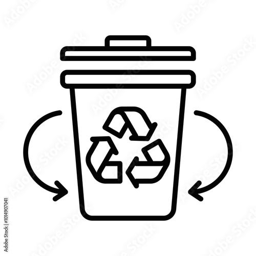 Black outline recycling bin icon with circular arrows, symbolizing reuse, reduce, and sustainability in waste management. Editable stroke.
