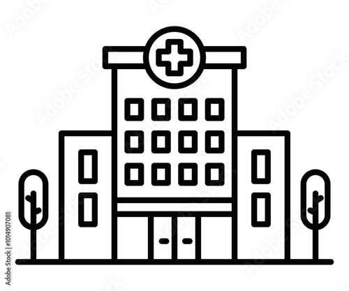 Black outline icon of a hospital building with a cross symbol. Represents healthcare, medical services, or hospital facilities. Editable stroke.