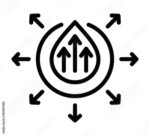 Black outline icon with arrows pointing from a central droplet, representing growth or expansion from a core element in a clean, minimalistic style. Editable stroke.