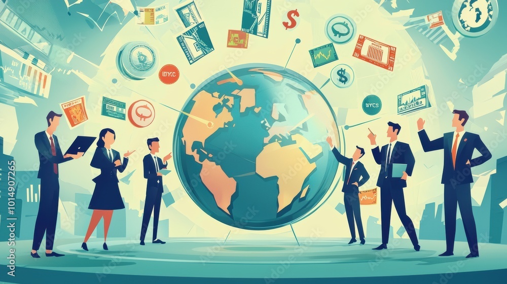 Cartoon-style businesspeople around a large, spinning globe, with stock market symbols and currency icons orbiting around., , Cartoon-style businesspeople around a large, spinning globe, with stock market symbols and currency icons orbiting around., ,