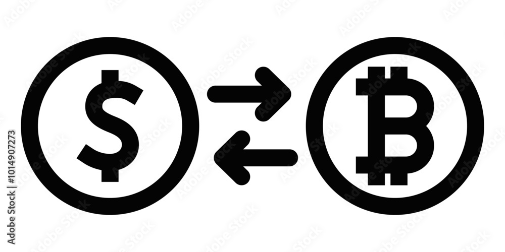 Black outline icon of dollar and bitcoin symbols with arrows, representing cryptocurrency exchange and digital financial systems. Editable stroke. Black outline icon of dollar and bitcoin symbols with arrows, representing cryptocurrency exchange and digital financial systems. Editable stroke.
