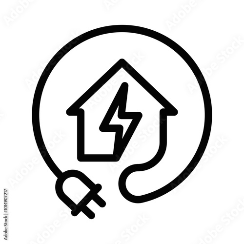 Black outline icon of a house connected to a plug, representing smart homes, energy consumption, and green technology. Editable stroke.