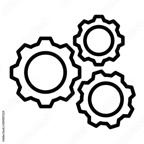 Black outline icon of three gears, symbolizing technology, mechanics, and teamwork in a minimalist design. Editable stroke.