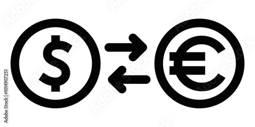 Black outline icon of dollar and euro symbols with arrows, representing currency exchange and international financial transactions. Editable stroke.