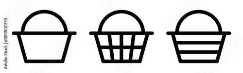 Set of three black outline shopping baskets, representing purchasing, retail, and consumer goods. Editable stroke.