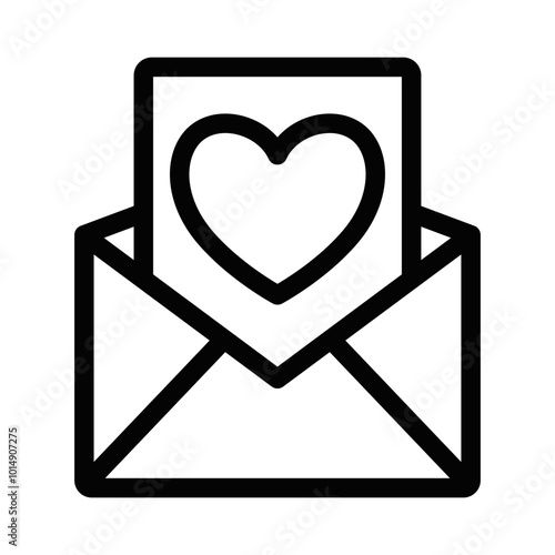 Black outline icon of an open envelope with a heart, symbolizing love, affection, or romantic messages like a love letter or greeting card. Editable stroke.