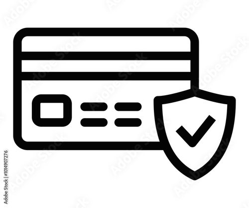 Black outline icon of a credit card with a shield and checkmark, representing secure transactions and financial protection. Editable stroke.