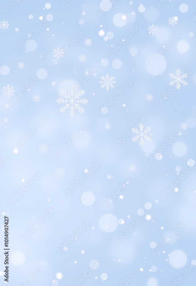 Winter Sky Filled with Floating Snowflakes on Frosted Blue Background and Soft Light Spots Winter Sky Filled with Floating Snowflakes on Frosted Blue Background and Soft Light Spots