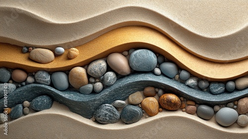 Tranquil Zen garden with raked sand and stones, captured from an overhead perspective, highlighting the simplicity and calmness in muted colors  photo