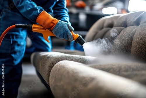  Worker using industrial equipment to steam clean a sofa, highlighting cleanliness, maintenance, and furniture care in a professional setting.