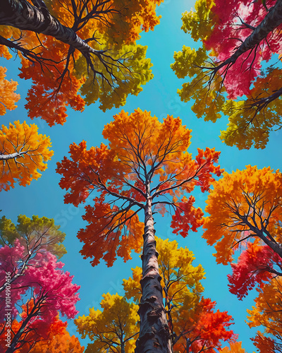 Colorful autumn trees on the background of the blue sky. Autumn forest