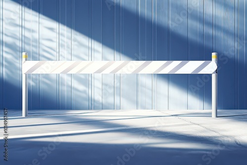  Section of white hazard tape stretched taut between two poles, crisp edges and smooth surface reflecting light. photo