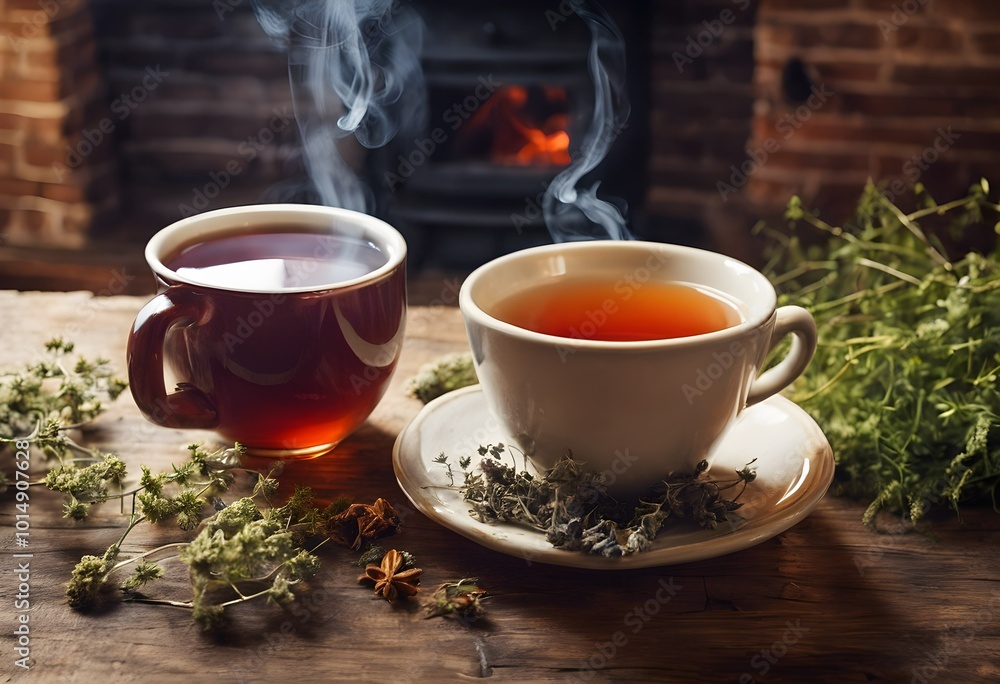 Steaming Mug of Herbal Tea with Warm Fireplace Glow on a Rustic Surface Steaming Mug of Herbal Tea with Warm Fireplace Glow on a Rustic Surface