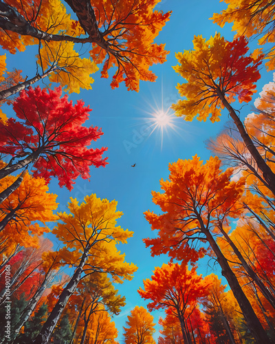 Autumn forest with colorful leaves on blue sky background. Fall season concept.