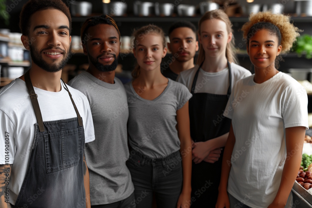 Group of diverse volunteers posing in a food bank, concept of teamwork, community service, and nonprofit volunteering for charity events and social good Group of diverse volunteers posing in a food bank, concept of teamwork, community service, and nonprofit volunteering for charity events and social good
