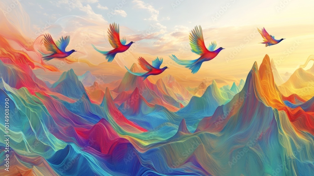 Colorful Mountains with Flying Birds. Colorful Mountains with Flying Birds.