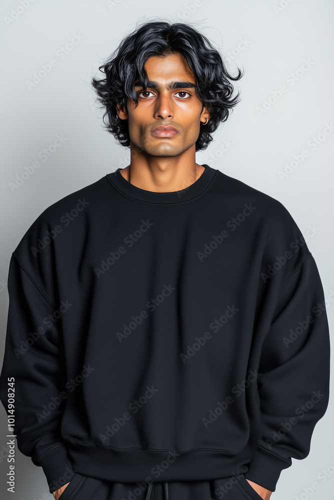 Mockup / Portrait of a smart and handsome Indian man with long hair wearing an oversized Sweatshirt with a grey background Mockup / Portrait of a smart and handsome Indian man with long hair wearing an oversized Sweatshirt with a grey background