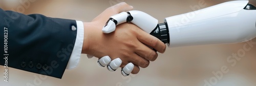 handshake between a human hand and a robotic arm, symbolizing collaboration between artificial intelligence and humans.