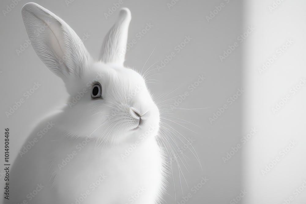 Fototapeta premium Wide-eyed snow-white rabbit stares straight ahead, its long ears standing tall against stark white background.