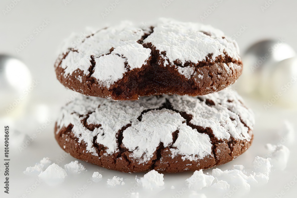 Two rich chocolate crinkle cookies, dusted with powdered sugar, offering a soft, fudgy, and indulgent treat perfect for dessert. Two rich chocolate crinkle cookies, dusted with powdered sugar, offering a soft, fudgy, and indulgent treat perfect for dessert.