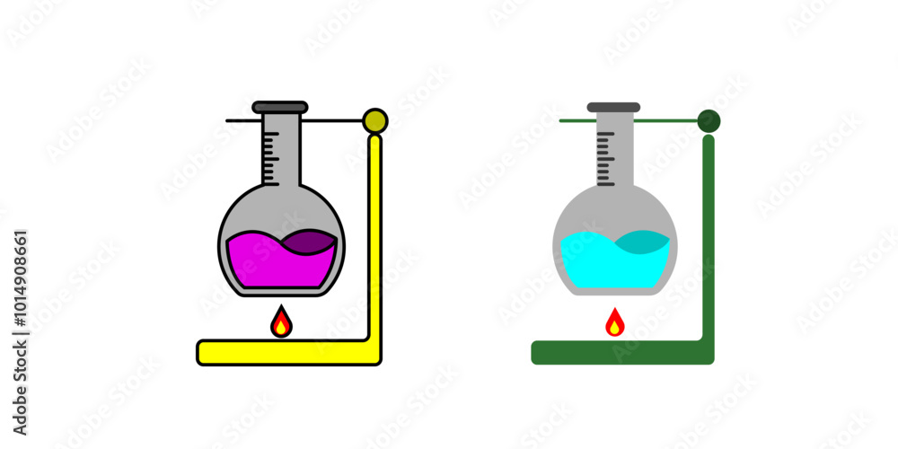 Beakers and burners. Vector beaker and burner set isolated on white background, chemical laboratory glassware Beakers and burners. Vector beaker and burner set isolated on white background, chemical laboratory glassware