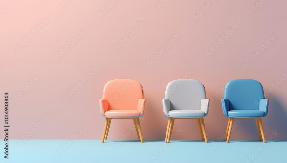 Obraz premium Three stylish, pastel-colored chairs with wooden legs against a soft-colored wall, creating a modern and inviting atmosphere.