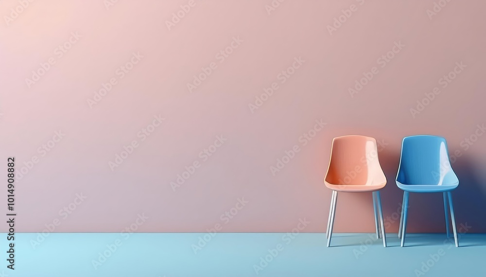 Two modern chairs, one orange and one blue, stand against a soft pink and blue background, creating a minimalist and stylish atmosphere. Two modern chairs, one orange and one blue, stand against a soft pink and blue background, creating a minimalist and stylish atmosphere.