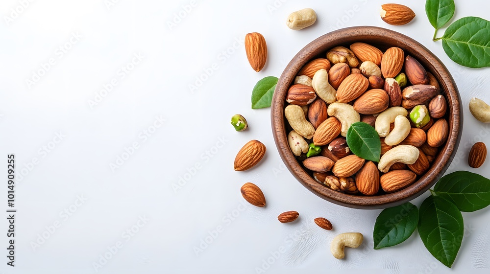 Nuts fill a wooden bowl against a pure white background, including almonds and pistachios, promoting a healthy snack lifestyle with an organic and minimalist presentation. Nuts fill a wooden bowl against a pure white background, including almonds and pistachios, promoting a healthy snack lifestyle with an organic and minimalist presentation.