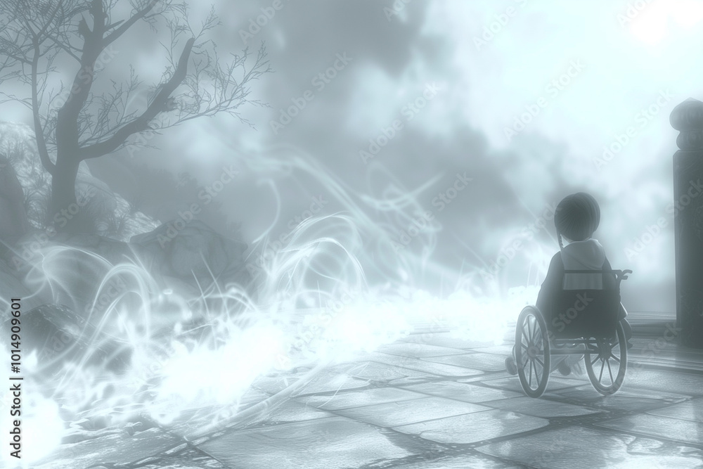Obraz premium A figure in a wheelchair gazes into a world of ethereal beauty, a surreal blend of reality and dreamlike fantasy, creating a sense of wonder and solitude.