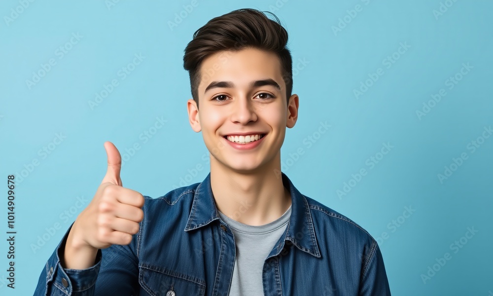 Young man, big smile, thumbs up gesture, pastel studio background Young man, big smile, thumbs up gesture, pastel studio background